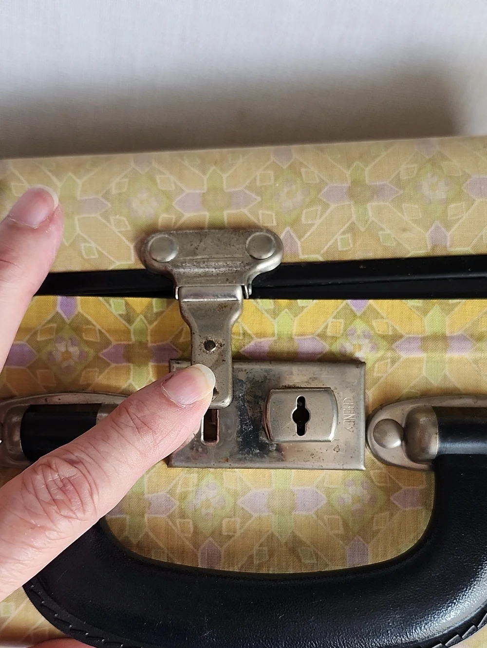 Vintage 1950's Yellow Fabric Black Leather Trim Hard Case Cosmetic Bag , $40